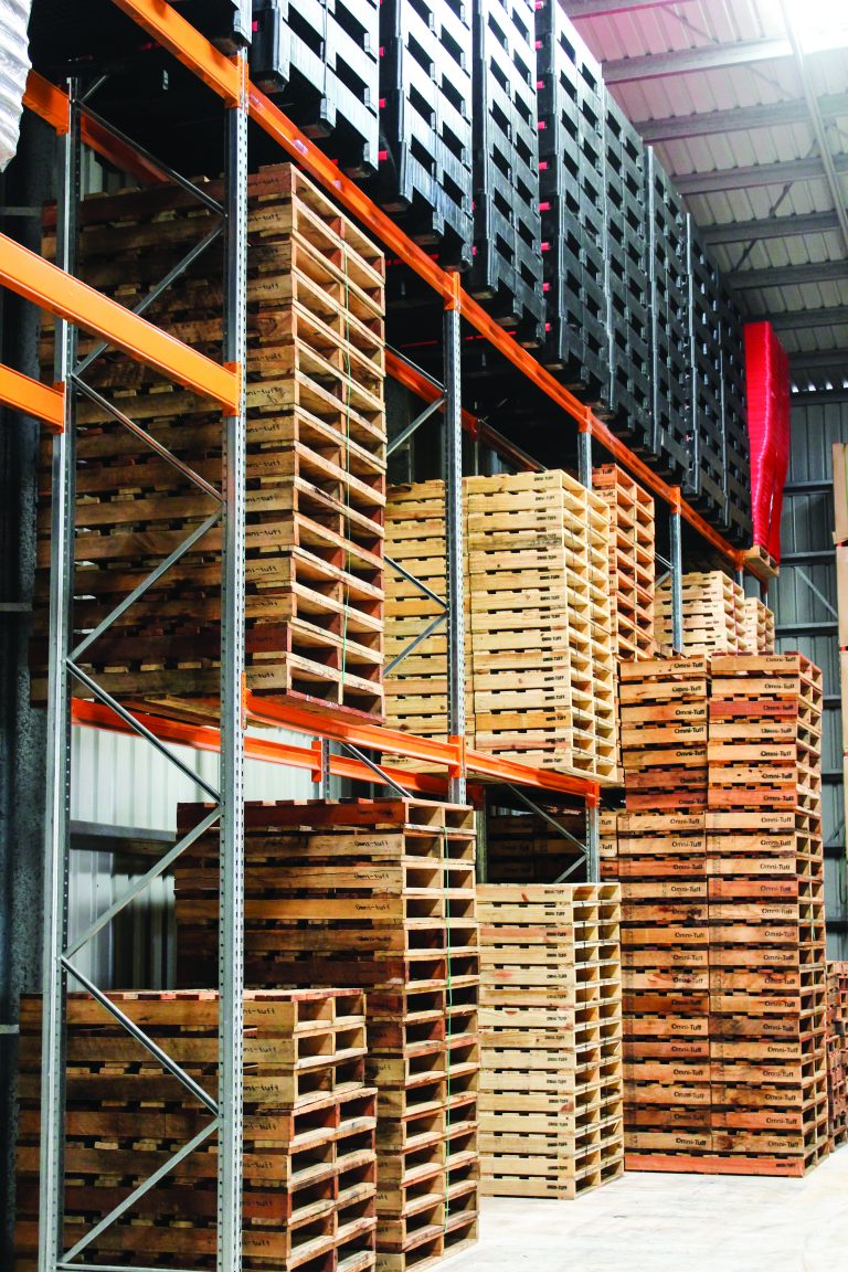 heat treated hardwood pallets in a warehouse