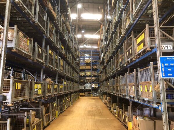 steel pallet storage for components in a warehouse