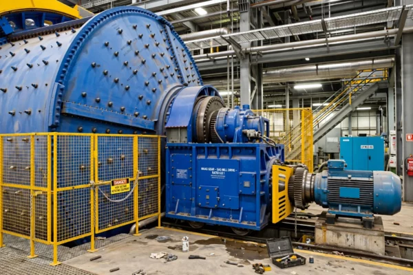 Close up of blue SAG mill processing plant